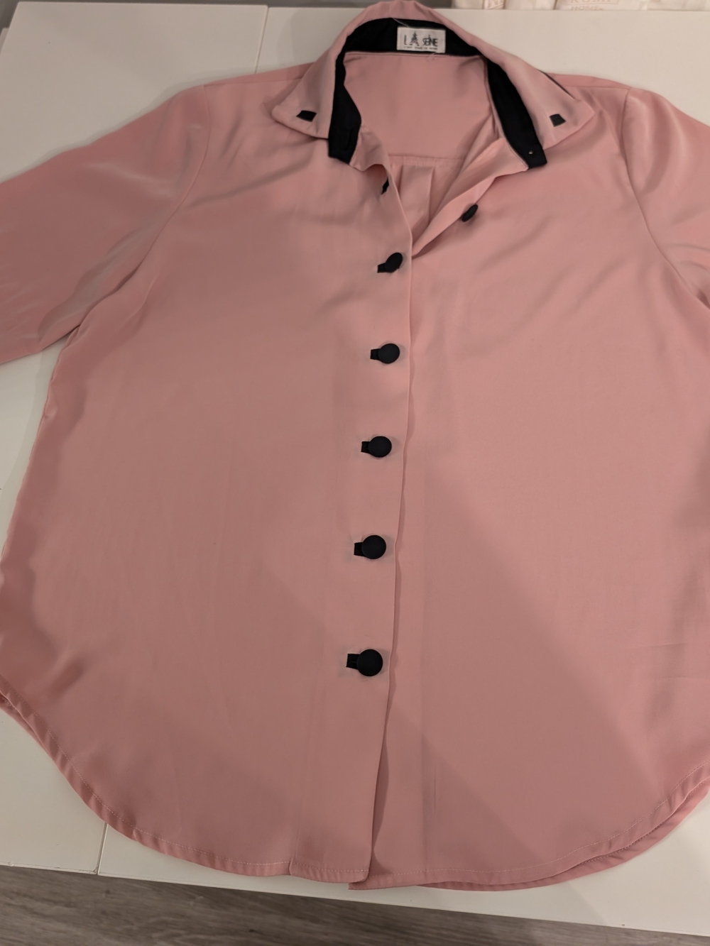 Pink Button-Front La Seine Blouse with Contrast Pink And Black Trim VinTage 80s